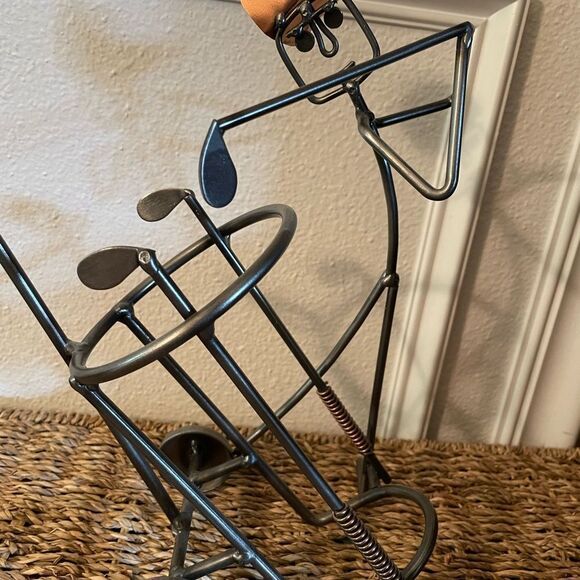 Vintage Golfer Caddy Metal Copper Sculpture Art Wine Holder - Picture 3 of 14